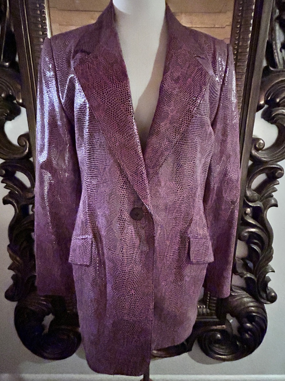 Ellen Tracy Leather Snake Skin Print Purple Textured Blazer